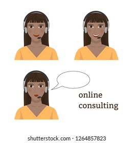 Set of call center operator avatars with diffrent emotions. African american woman with a headset. Customer support, online consultant. Client services, phone assistance. Cartoon vector illustration.