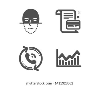 Set of Call center, Payment card and Face recognition icons. Infochart sign. Recall, Agreement conditions, Faces biometrics. Stock exchange.  Classic design call center icon. Flat design. Vector