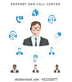 Set of call center service and support icons. Isolated vector illustration.