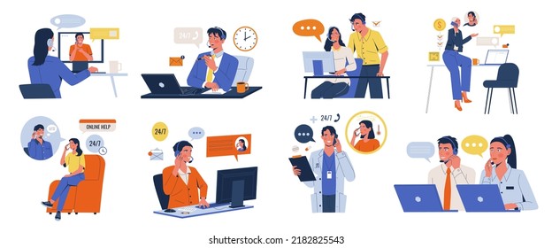 A set of call center workers and hotlines. Call center operator concepts communicate on the phone and solve problems. Online customer and patient support.