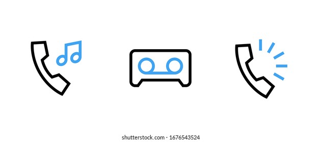 Set von Call-Symbolen. Bearbeitbare Vektorillustration. Musik-Noten vom Telefon, Vintage-Audio-Kassette und Wellen von Ton. Einmaliges Piktogramm.