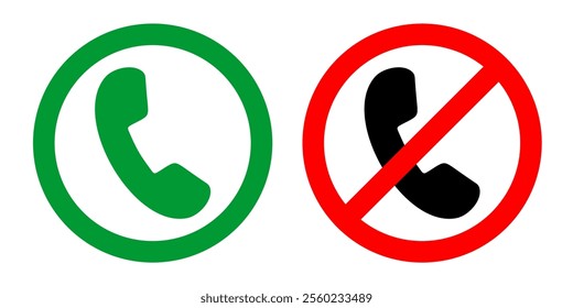 Set of Call Icons in Green and Red Colors, Including Simple Phone Symbols with Crossed-Out and Non-Crossed Designs, Editable and Scalable Vector Illustration Isolated on White Background