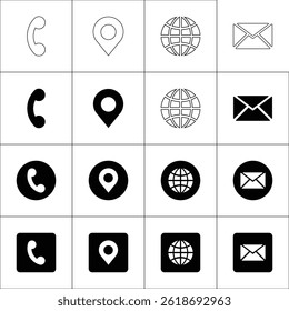  set of call icons, location icons, web icons, email icons