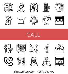 Set of call icons. Such as Mobile, Video chat, Assistant, Emergency, Promotion, Calling, Phone booth, Smartphone, Contact card, Online shop, Technical Support, Secretary , call icons