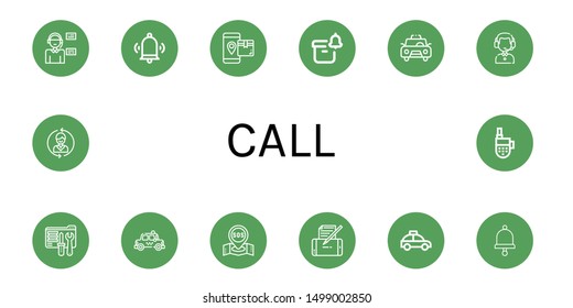 Set of call icons such as Operator, Bell, Smartphone, Notification, Taxi, Customer service agent, Tech support, Sos, Contact us, Walkie talkie , call