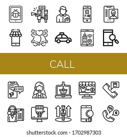Conjunto de iconos de llamada. Tales como Smartphone, Mobile, Support, Bells, Salesman, Taxi, Soporte en línea, Recepcionista, agente de servicio al cliente, Compras en línea, Promoción, Tienda en línea, iconos de llamadas