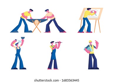 Set Call Master Repair Service, Architect and Builder Characters Job. Professional Workers with Tools and Instruments at Home, Saw Wood. Handyman Husband for Hour. Cartoon People Vector Illustration