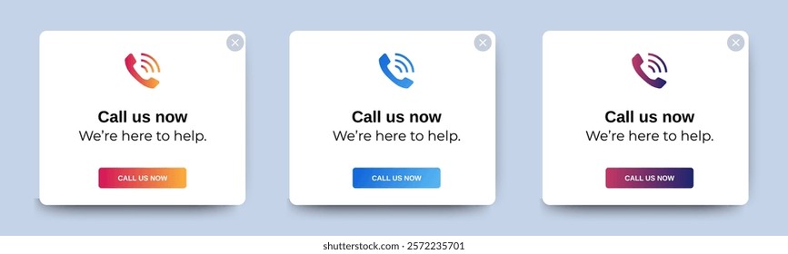 Set of Call now pop up banner with flat design on white background. Professional web design, full set of elements. User-friendly design materials. vector