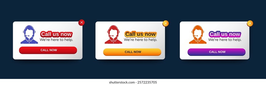 Set of Call now pop up banner with flat design on white background. Professional web design, full set of elements. User-friendly design materials. vector