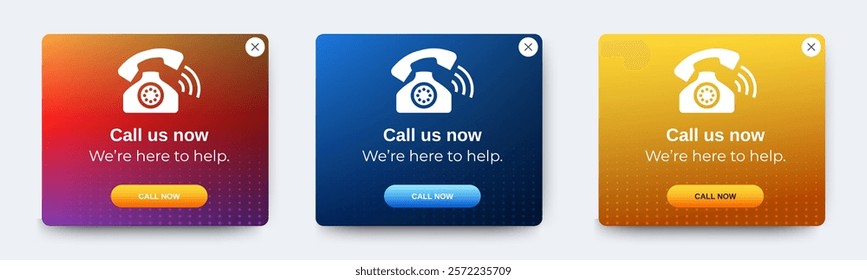 Set of Call now pop up banner with flat design on white background. Professional web design, full set of elements. User-friendly design materials. vector