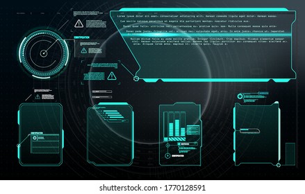 Mit Anrufkommunikation eingerichtet. Abstraktes Layout des Bedienfelds. Virtual hi Scifi Technologie Gadget-Schnittstelle für Spiel-App HUD, UI, GUI futuristische Rahmen-Benutzeroberfläche Bildschirm-Elemente Set.