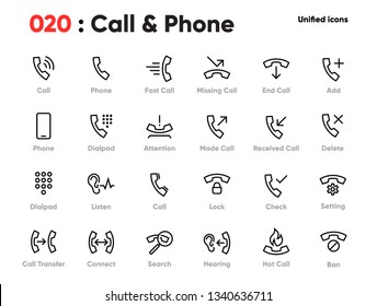 Set of Call and Phone Line Unified Icons. Includes Received, Fast Call, Dialpad, Lock, Connect, Listen and other. Pixel Perfect. Editable Stroke.