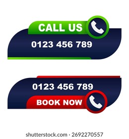 Set von Call Us und Book Now Tasten, Design für Kontakt-Telefone. Vektorgrafik