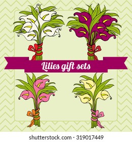 Set of calla lilies gift bouquets. Flowers bunches with a bow. Perfect gift for Valentine's day, Mother's day, wedding, anniversary. Vector design for greeting cards, vouchers, flyers, banners