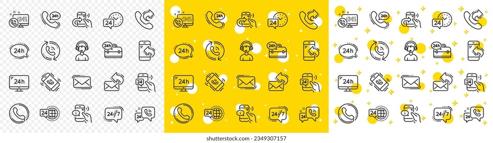 Set of Callback or feedback, Call support and Chat message icons. Processing line icons. 24 hour service, Call centre, 24h. Telephone callback, support message, feedback phone center. Vector