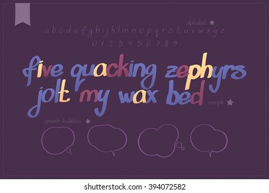 set of calligraphic alphabet letters and numbers with speech bubbles. vector, handwritten font type design. creative poster hand drawn typesetting and speech balloon icons