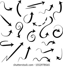 Set of calligraphic black arrows on a white background. Vector illustration.
