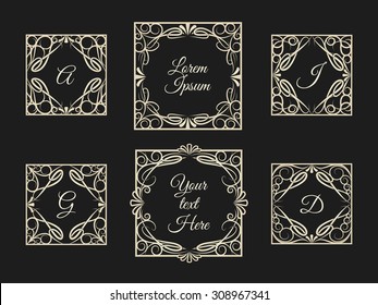 Set of calligraphic decorative vintage elements. Page decoration, antique and medieval frames with sample text and letters inside. Isolated on black background. Only free font used.