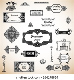 Set of calligraphic design elements for decoration. Labels and guarantee high quality retro. Vector illustration.