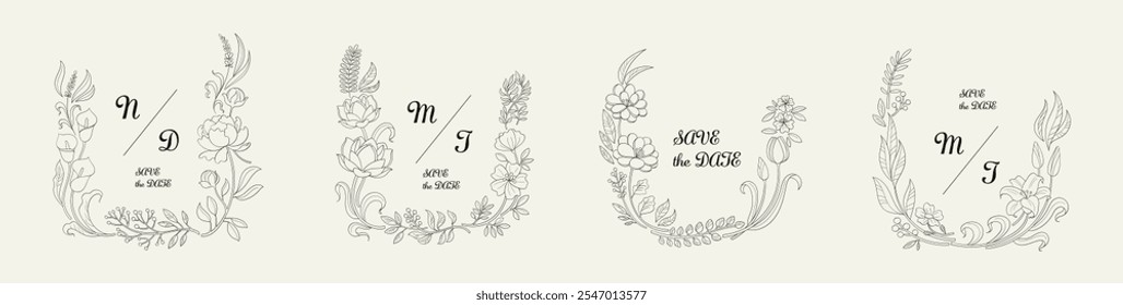 Set of calligraphic design elements, floral frame and graceful branches