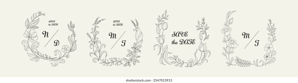 Set of calligraphic design elements, floral frame and graceful branches