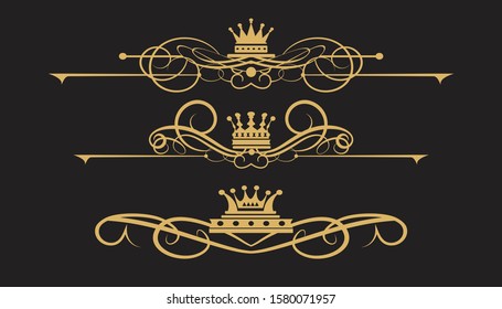 Set of calligraphic design elements. Gold on black. Templates for wedding and invitation cards. Golden design decorations elements. Vintage. Vector.