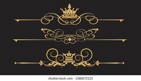 Set of calligraphic design elements. Gold on black. Templates for wedding and invitation cards. Golden design decorations elements. Vintage. Vector image.