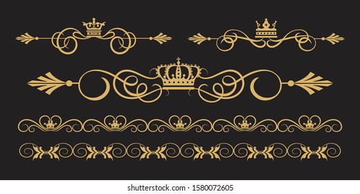 Set of calligraphic design elements. Gold on black. Templates for wedding and invitation cards. Golden design decorations elements. Vintage. Vector art.