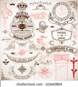 Set of calligraphic design elements: Heraldry, labels, baroque frames and floral ornaments collection. Elements organized by layers.