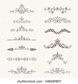 Set of calligraphic design elements and page decor. Vector illustration. Decorative borders, thin lines and curls.