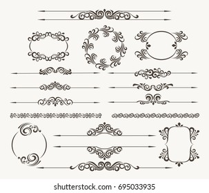 Set of calligraphic design elements for page decor. Filigree floral vector collection