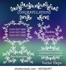 Set calligraphic design elements template. Frame with an ornament on the beautiful heaven background. Vector illustration 