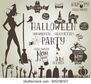 Conjunto de diseños caligráficos Siluetas vectoriales de la época para la fiesta de las brujas de Halloween