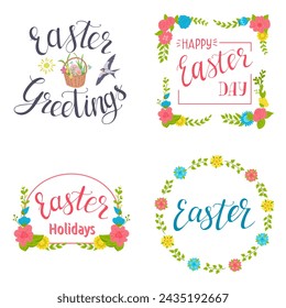 Set of calligraphic Easter greeting cards in pastel colors. Vector typography design for banner, poster, card. Modern vector calligraphy isolated on white background