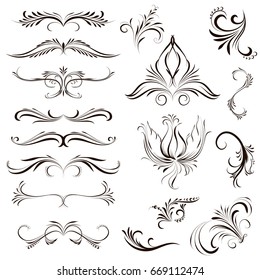 Set of calligraphic element. Beautiful ornament, flowers, elements for a frame, dividers, filigree decoration, curls, vector, isolated on a white background