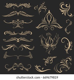 Set of calligraphic element. Beautiful ornament, flowers, elements for a frame, dividers, filigree decoration, curls, vector