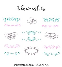 Set of calligraphic elements: borders, flourishes, swashes, dividers. Vector elements.
