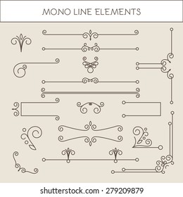 Set Of Calligraphic Elements & Borders In Line Style.  Vector Illustration