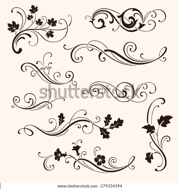 Set of calligraphic\
floral elements. Vector decorative twigs and flowers. Ornamental\
branches of trees