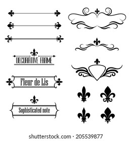Set of calligraphic flourish design elements, borders and frames - fleur de lis