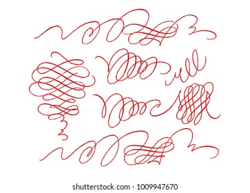 Set of calligraphic flourishes asymmetrical elements for design on a white background. Handwriting calligraphy pointed pen style. Dip pen. Red on white. Vector ink.