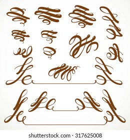 Set of calligraphic flourishes asymmetrical elements for design on a white background
