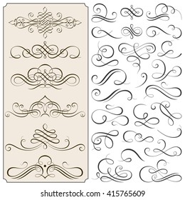 Set of calligraphic flourishes and scroll elements vector illustration.