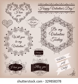 Set of calligraphic frames and banners in vintage style for Valentine's Day