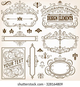Set of calligraphic frames and design elements vector illustration with all separated elements.