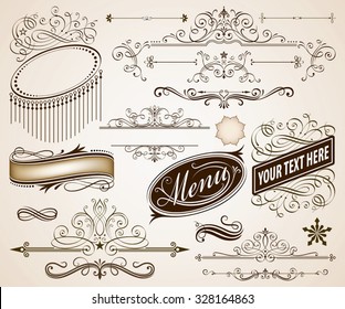 Set of Calligraphic frames and page decoration elements vector illustration with all separated elements.