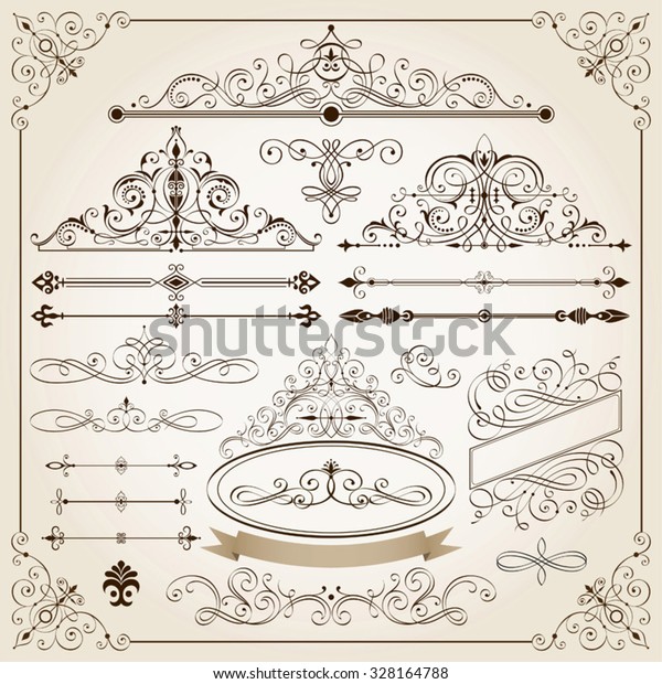Set of\
Calligraphic frames and page decoration elements vector\
illustration with all separated\
elements.