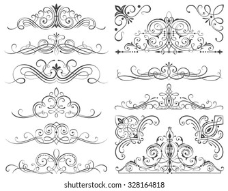 Set of calligraphic frames and scroll elements vector illustration with all separated elements. 