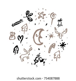 Set of calligraphic graphics with Christmas and new year symbols. Moon, tree, candy, elk, star, fir branch, bells. For invitations, posters, postcards, social networking. Vector illustration