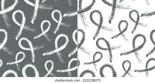 Set of Calligraphic Gray Awareness Ribbon Seamless Pattern. For asthma, brain tumors, and diabetes. Vector Illustration. EPS 10.